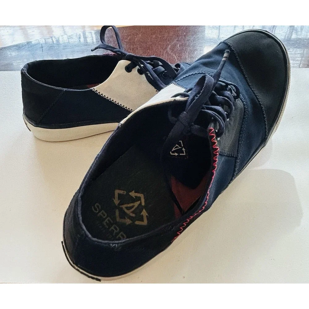 Sperry Patchwork Shoes Mens 9 Captain Sneakers Canvas Lace Up Coastal Core